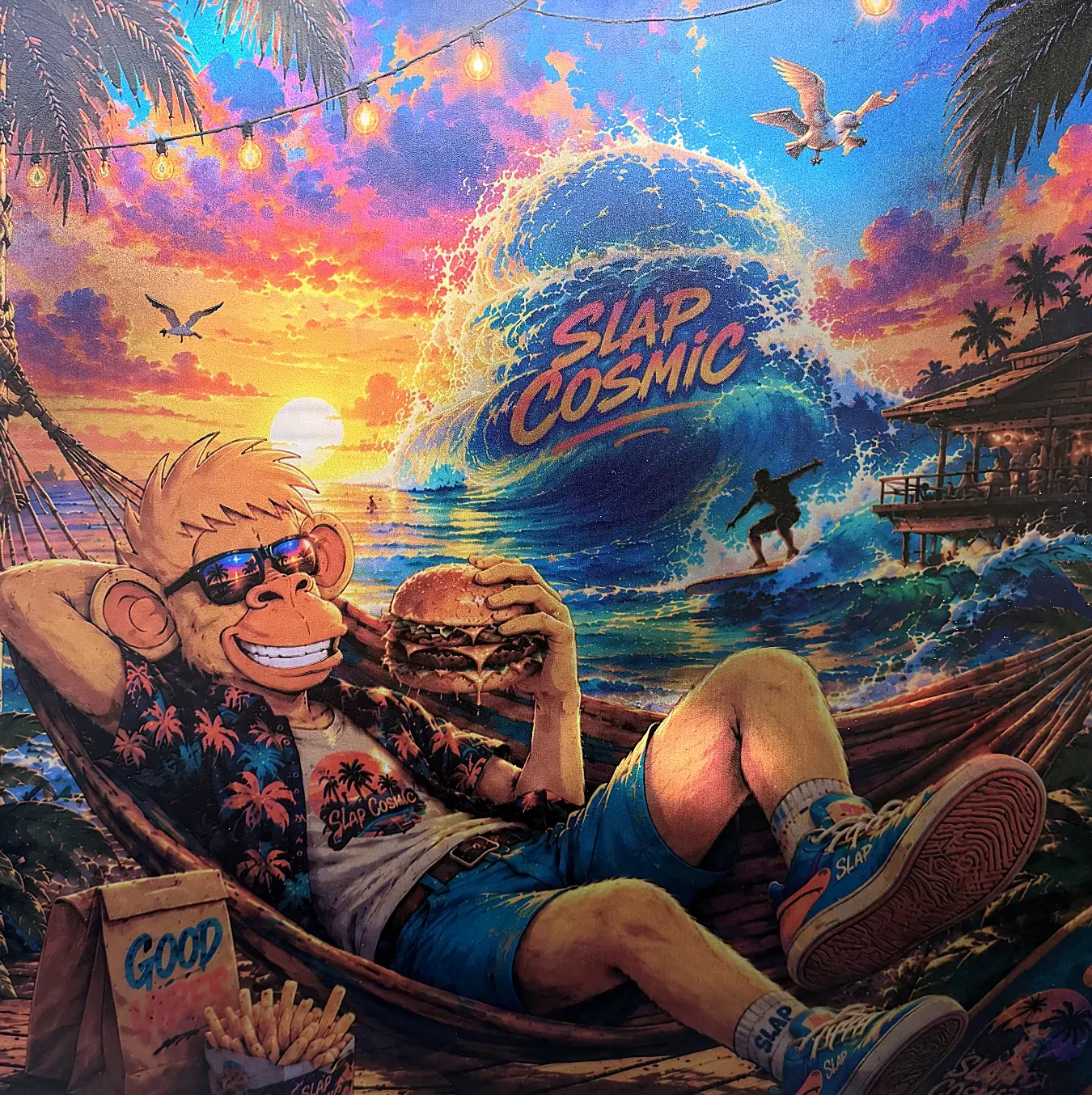 Impression UV sur plaque plexiglas — visuel Slap Cosmic, singe surf et coucher de soleil